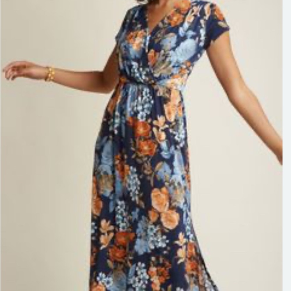 Gilli Blue and Orange Tiered Maxi Dress V-Neck Cap Sleeve
